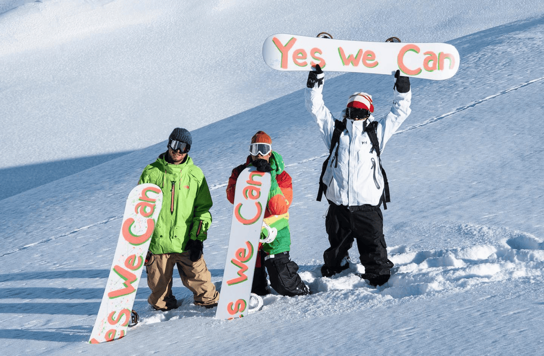 Three snowboard riders using YES snowboards.